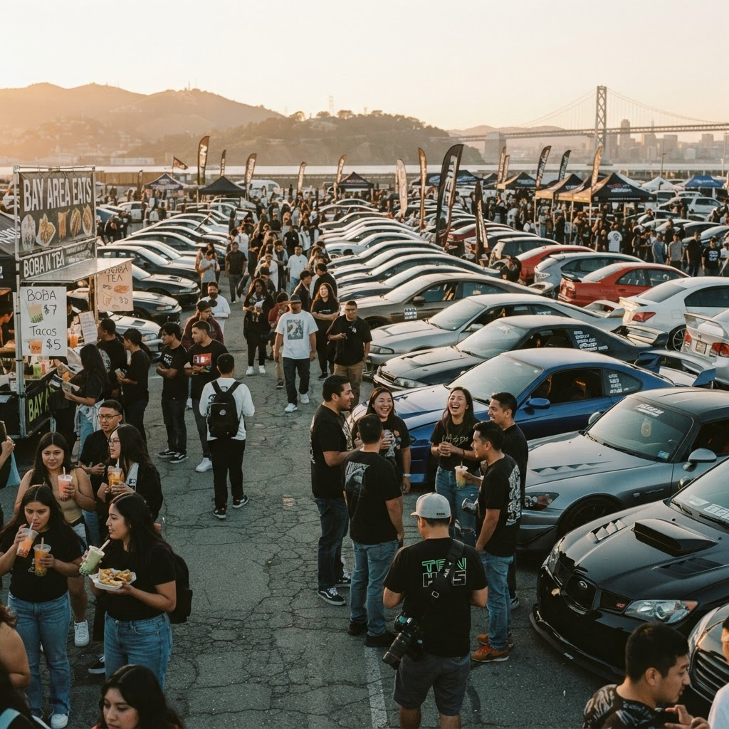 Outdoor import car meet and community event with crowds