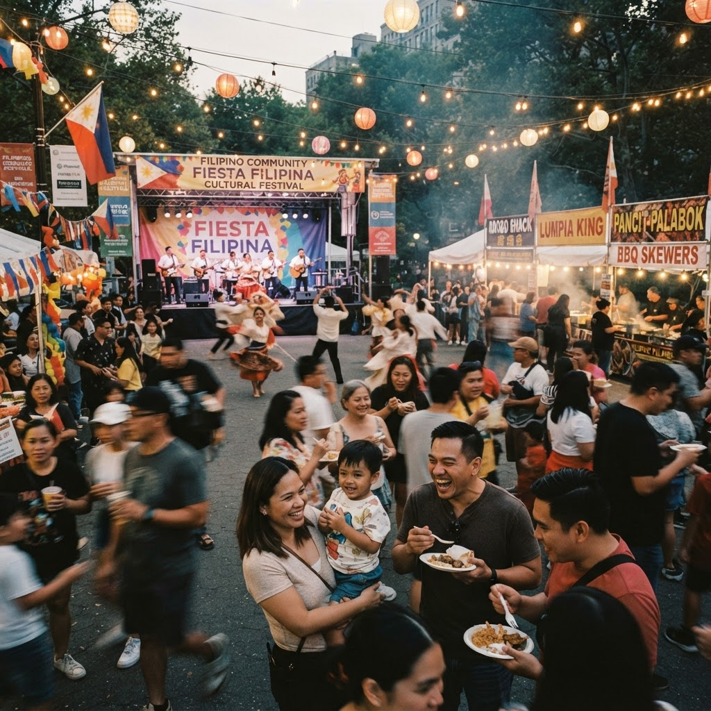 Packed Filipino-American community festival at dusk